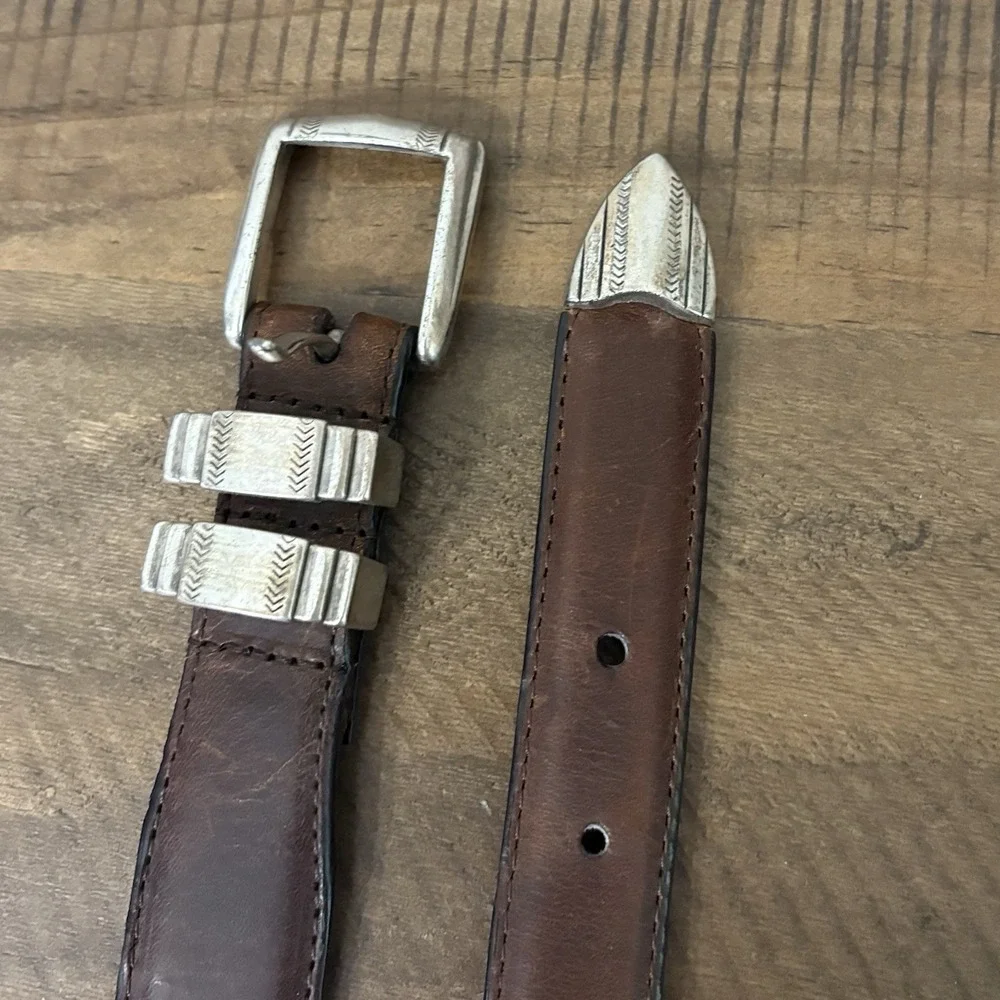 VTG 90s Brown Top Grain Oil Tan Leather Golf Sports Belt Silver Club Oval Sz 44